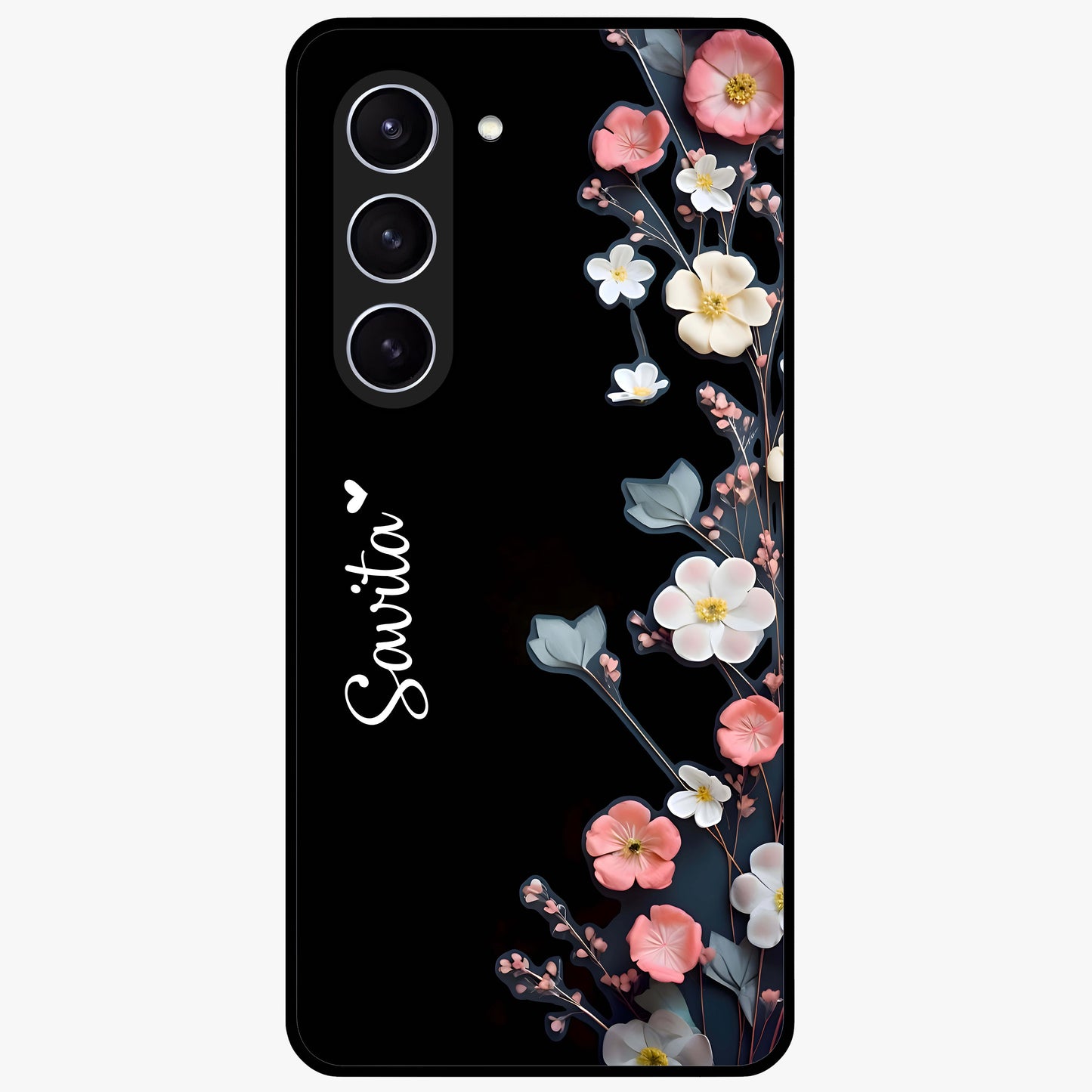 Black Elegance Floral Custom Name Glass Case showing flat back view with elegant floral artwork and personalized name design.