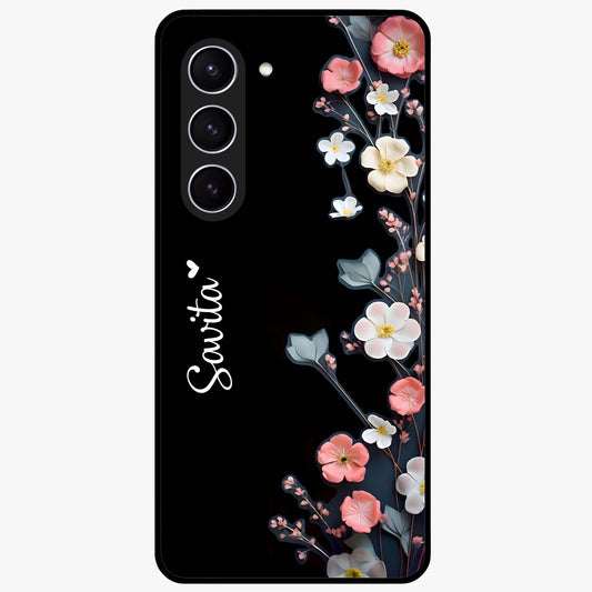 Black Elegance Floral Custom Name Glass Case showing flat back view with elegant floral artwork and personalized name design.