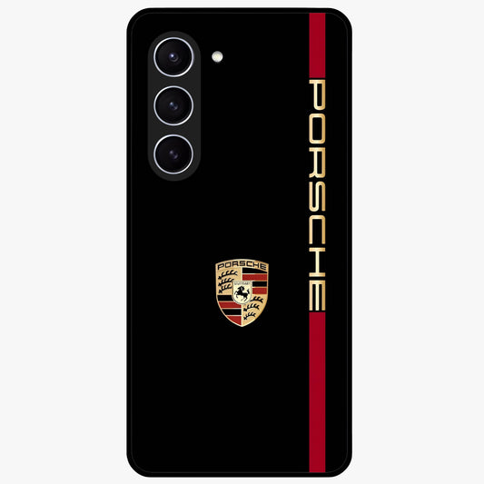 Black Minimal Porsche Glass Case showing flat back view with sleek minimal sports car artwork and glossy glass finish.