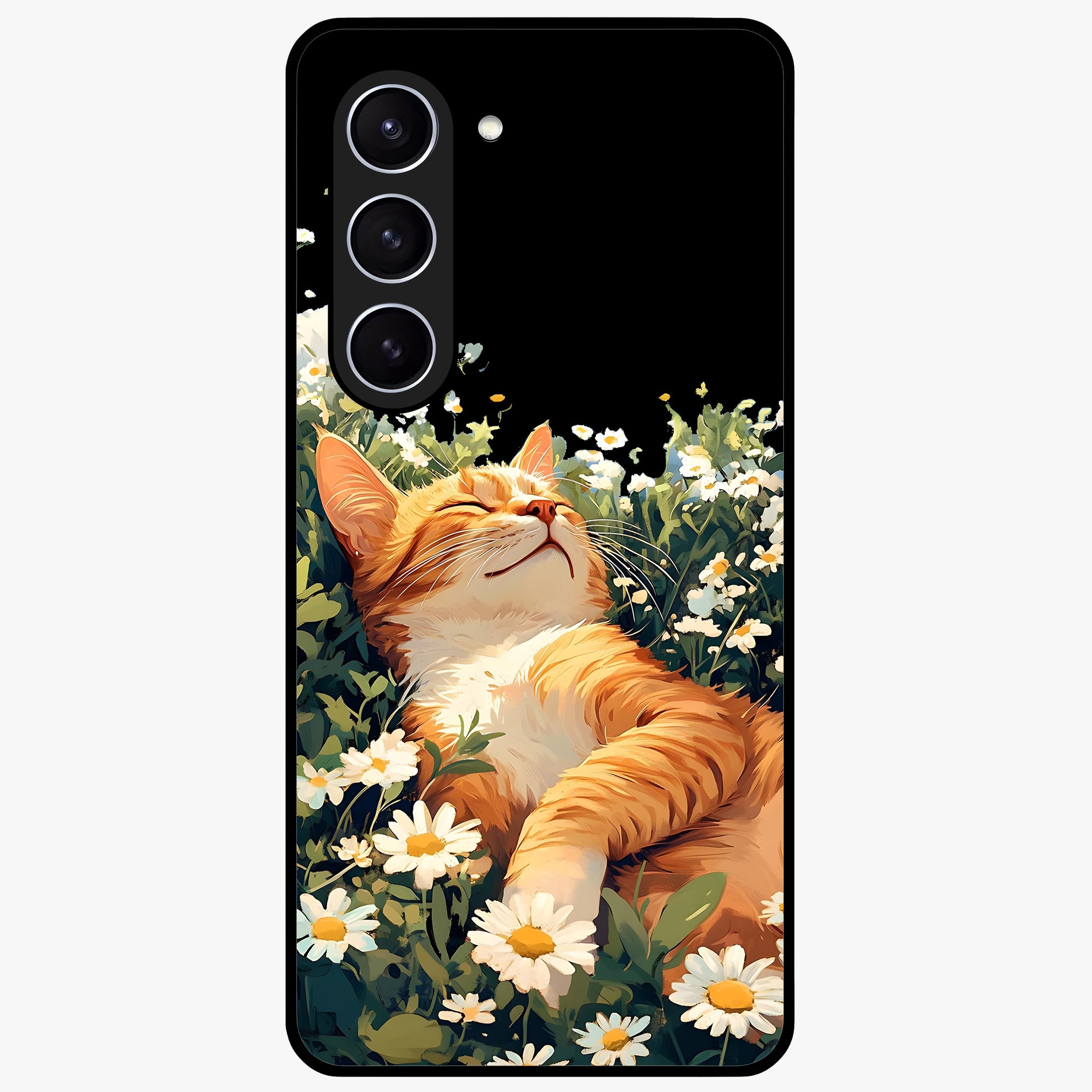 Blissful Bloom Cat Glass Case showing flat back view with cute cat and floral bloom artwork and glossy glass finish.
