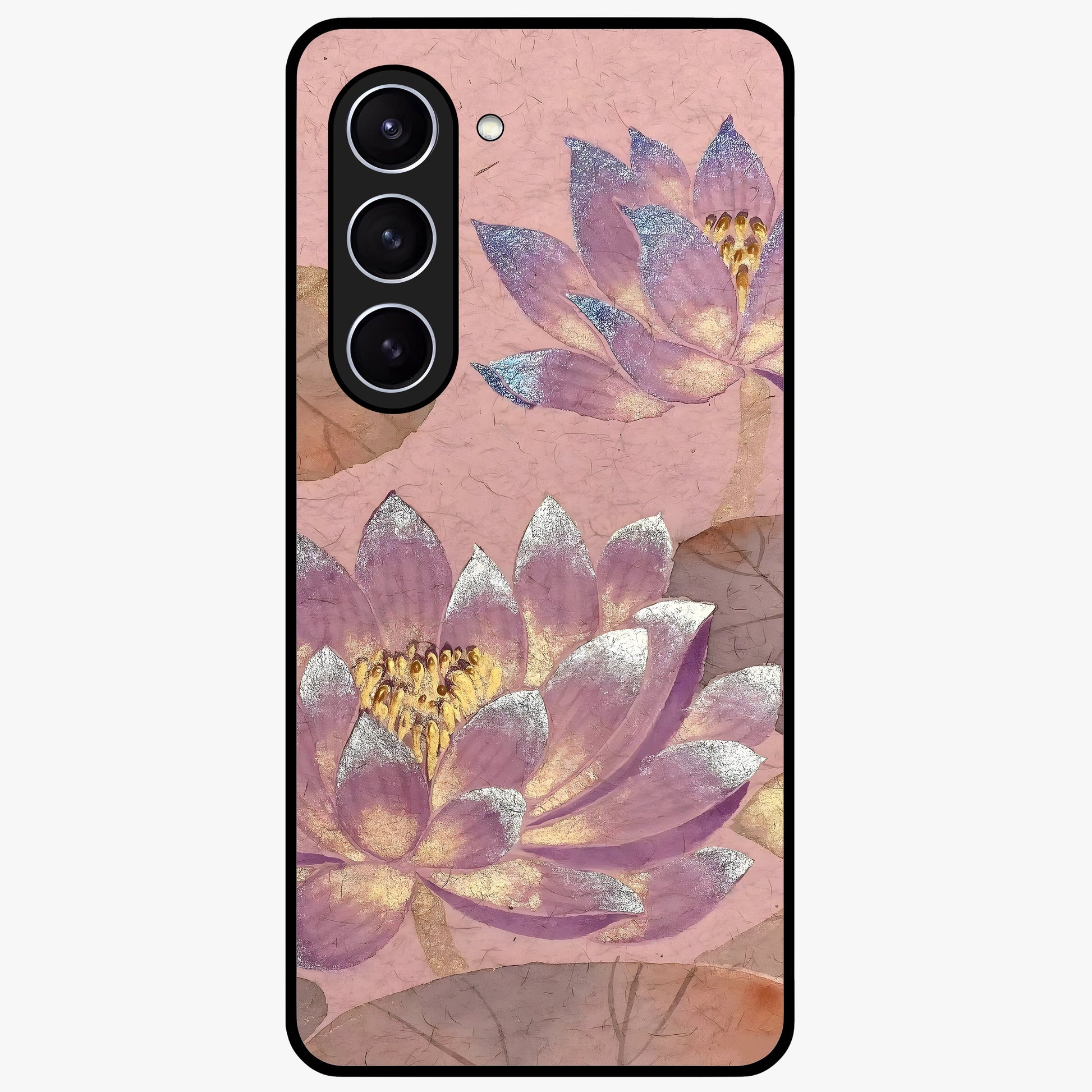 Blossom Mist Lotus Glass Case showing flat back view with serene lotus blossom artwork and glossy glass finish.