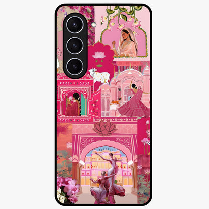 Blossoms of Rajasthan Glass Case showing flat back view with traditional floral artwork inspired by Rajasthan and glossy glass finish.