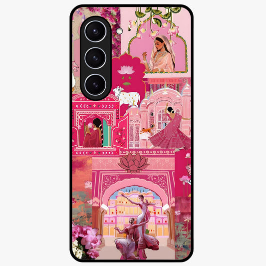 Blossoms of Rajasthan Glass Case showing flat back view with traditional floral artwork inspired by Rajasthan and glossy glass finish.
