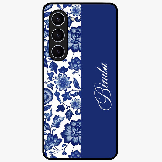 Blue Vintage Floral Pattern Glass Case upright view showcasing timeless floral illustration with vintage inspired style.