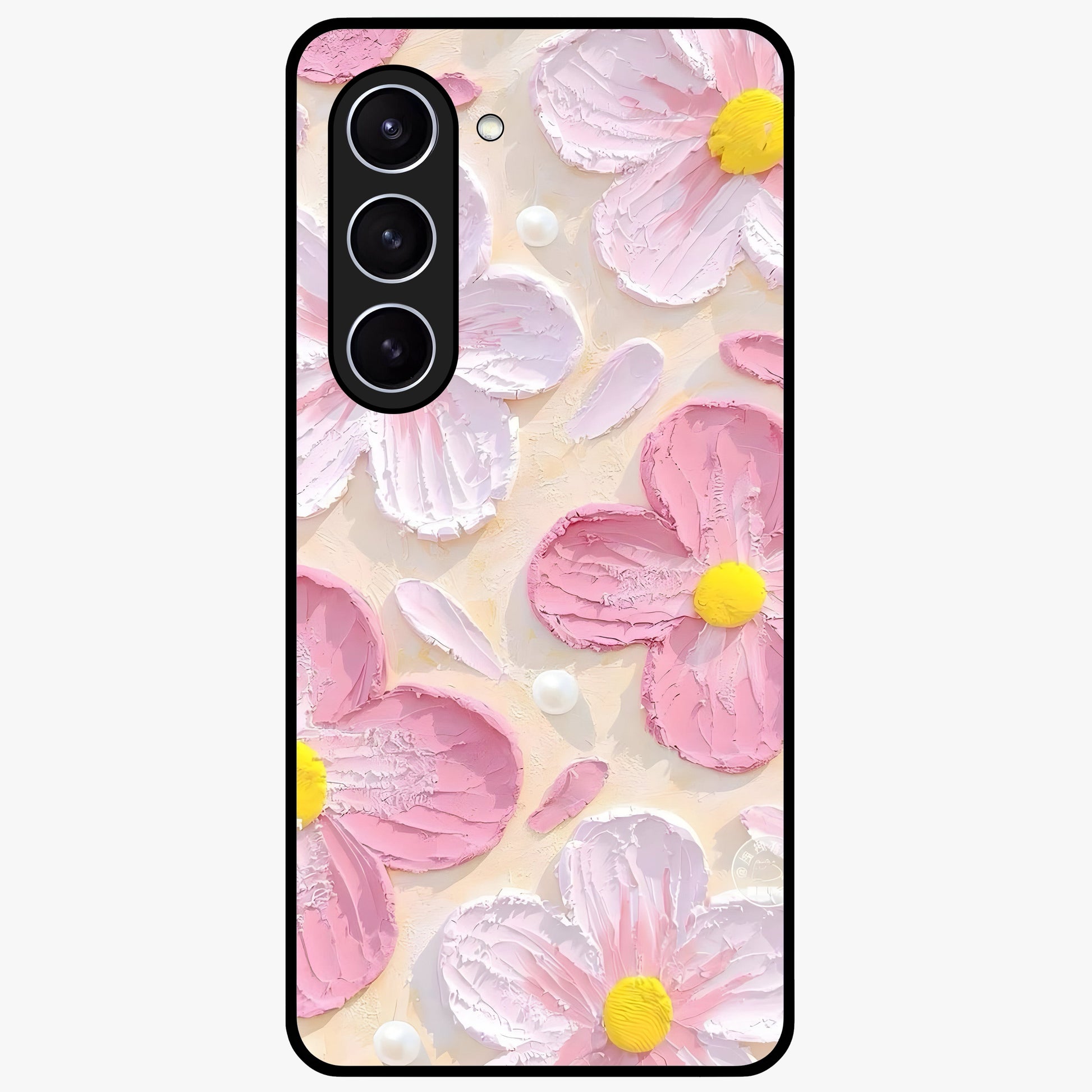 Blush Bloom Texture Glass Case showing flat back view with soft blush floral texture artwork and glossy glass finish.