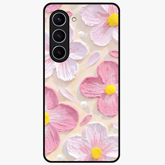 Blush Bloom Texture Glass Case showing flat back view with soft blush floral texture artwork and glossy glass finish.