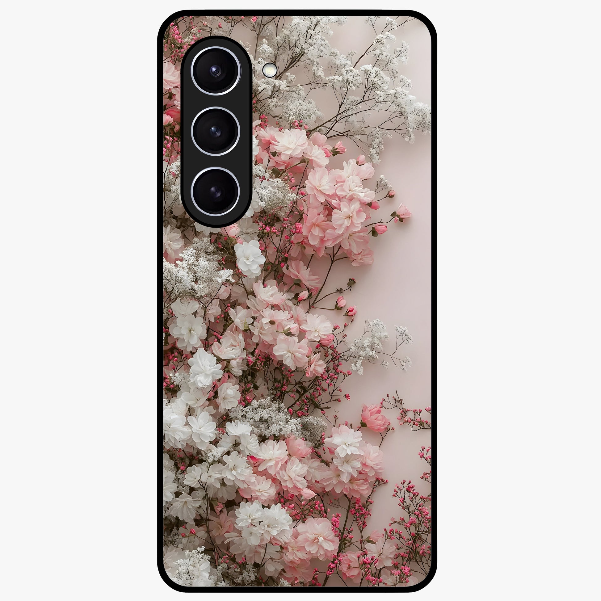 Blush Blossom Cloud Glass Case showing flat back view with dreamy blush cloud blossom artwork and glossy glass finish.