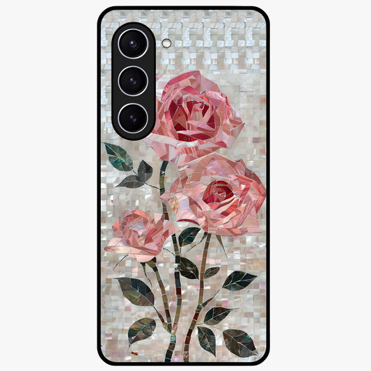 Blush Mosaic Bloom Glass Case showing flat back view with mosaic floral bloom artwork and glossy glass finish.
