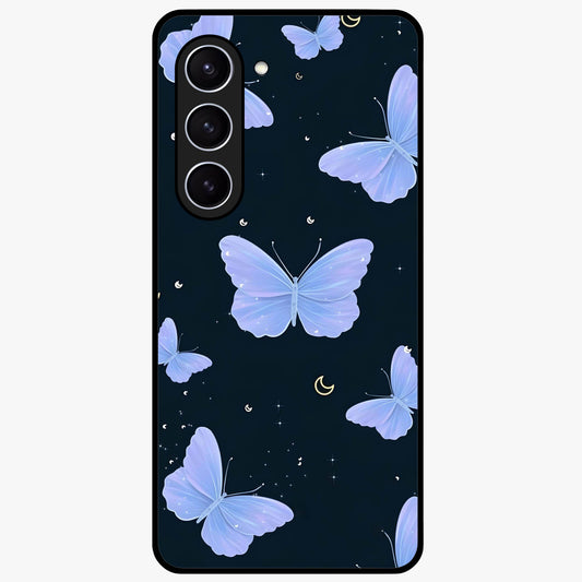 Butterfly With Stars Pattern Glass Case showing flat back view with butterfly and star pattern artwork and glossy glass finish.