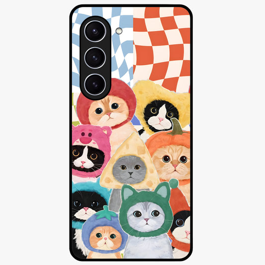 Cats in Fruits Glass Case showing flat back view with playful cat illustrations inside fruit artwork and glossy glass finish.