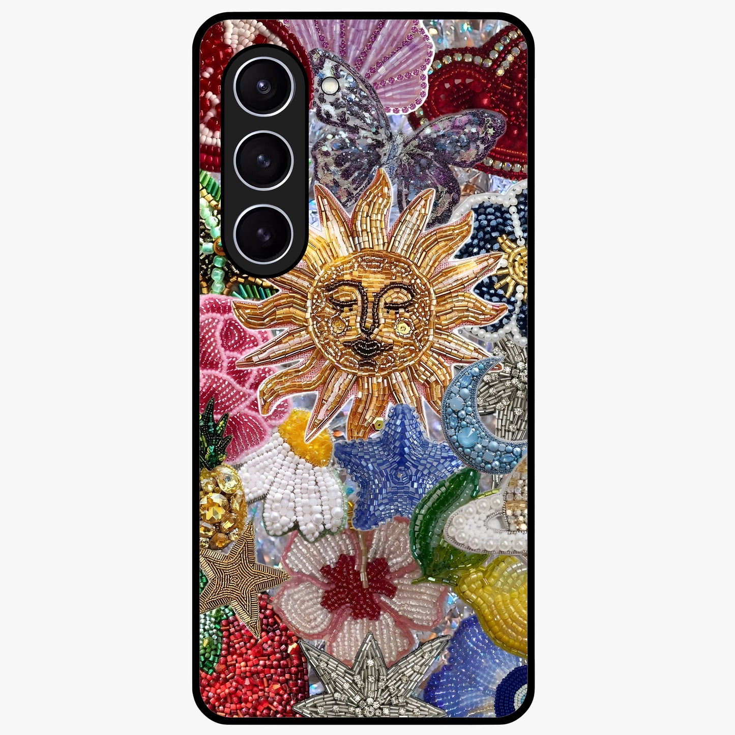 Celestial Floral and Playful Glass Case showing flat back view with floral and celestial themed artwork and glossy glass finish.