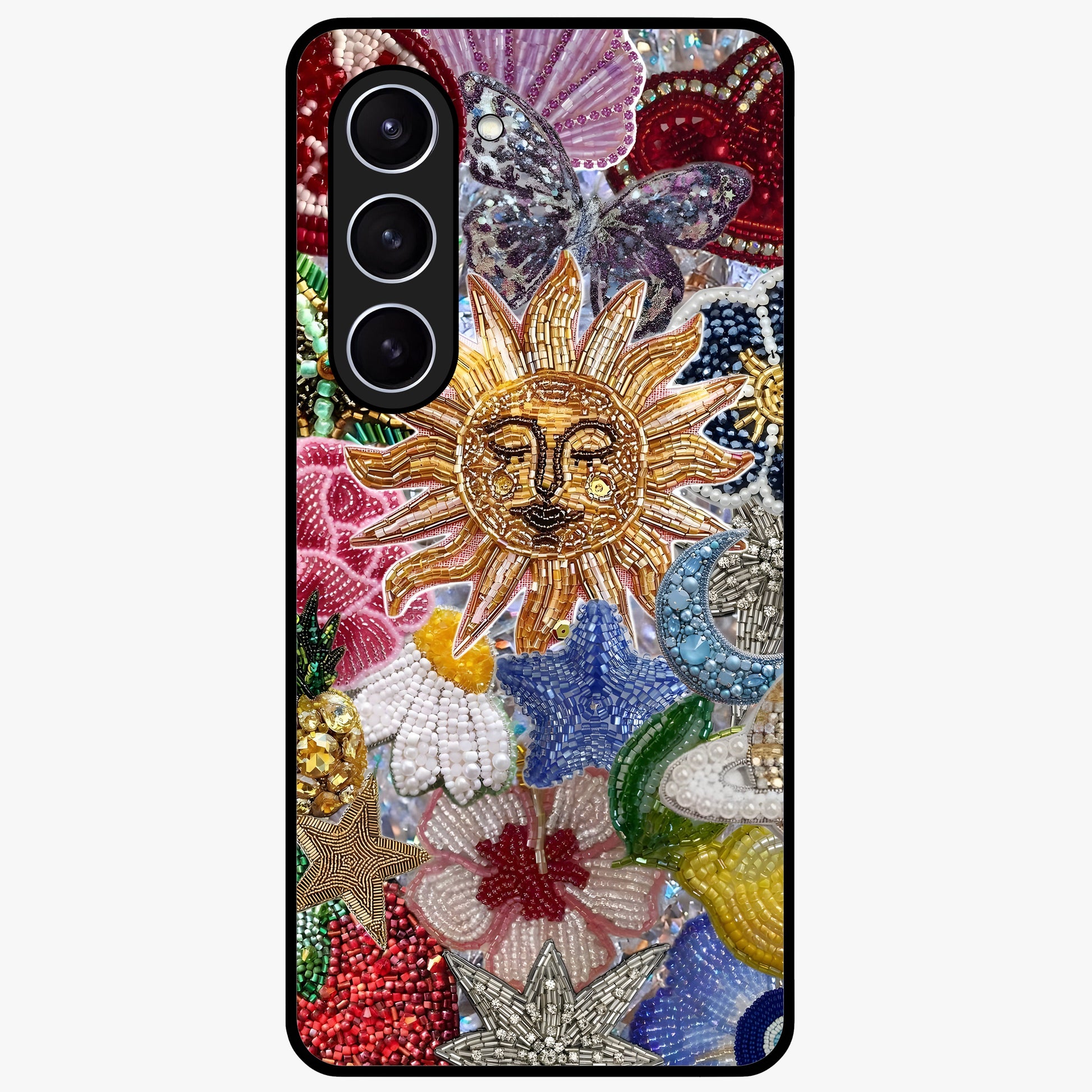 Celestial Floral and Playful Glass Case showing flat back view with floral and celestial themed artwork and glossy glass finish.