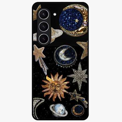 Celestial Gem Constellations Glass Case showing flat back view with sparkling constellation artwork and glossy glass finish.
