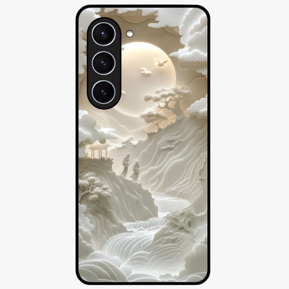 Celestial Origami Glass Case showing flat back view with artistic origami inspired celestial artwork and glossy glass finish.