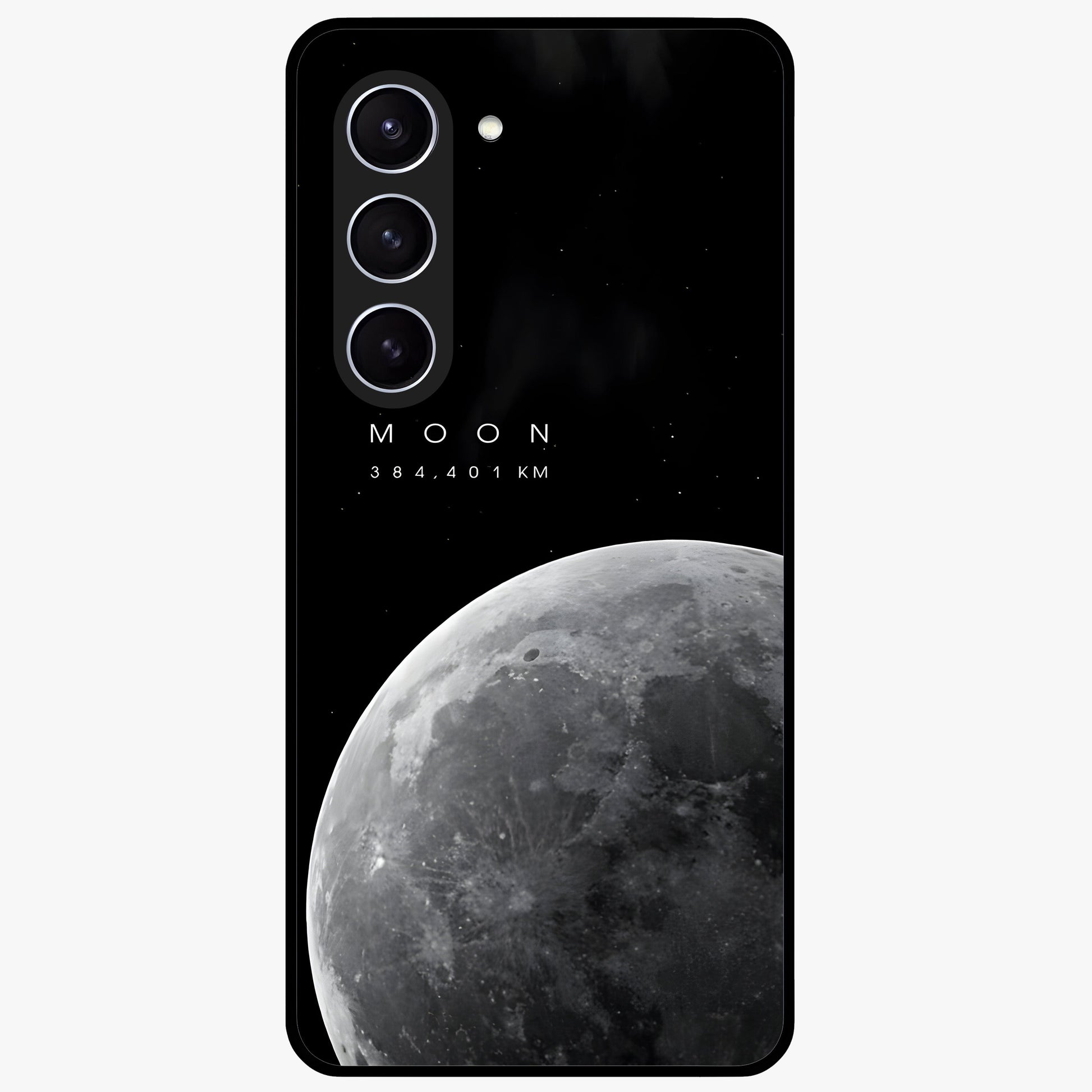Cosmic Moon Glow Glass Case showing flat back view with glowing moon artwork and glossy glass finish.
