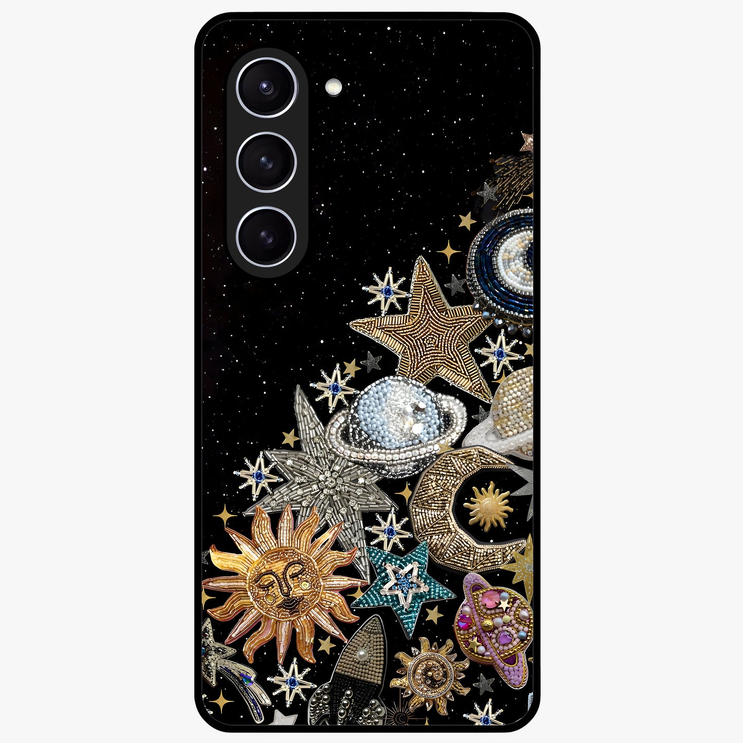 Cosmic Sparkle Dreams Glass Case showing flat back view with sparkling cosmic artwork and glossy glass finish.