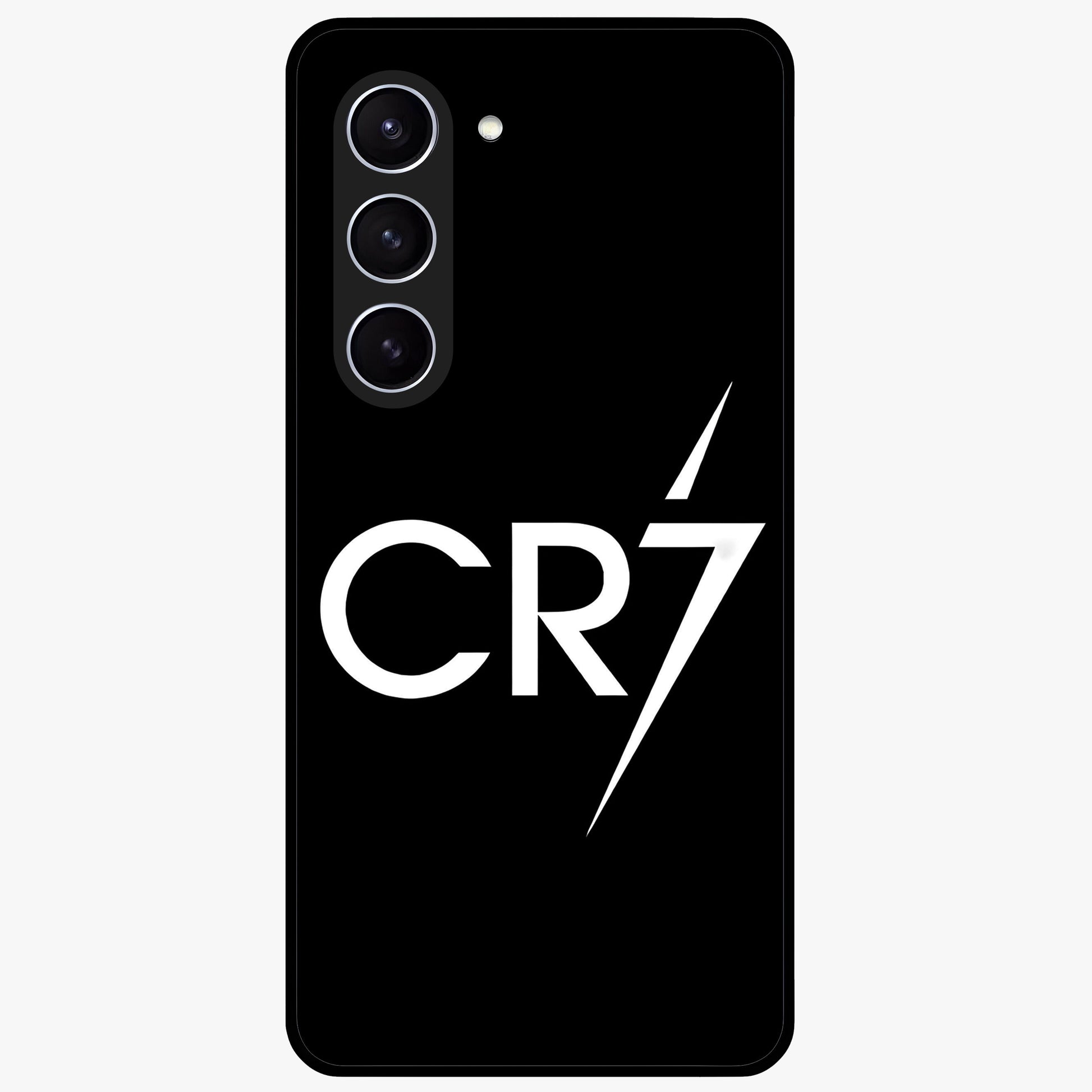 Cr7 Elite Strike Glass Case showing flat back view with dynamic football inspired artwork and glossy glass finish.