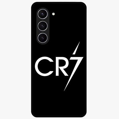Cr7 Elite Strike Glass Case showing flat back view with dynamic football inspired artwork and glossy glass finish.