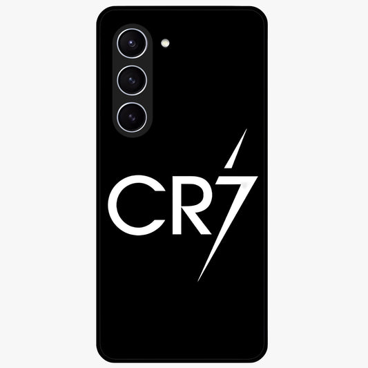 Cr7 Elite Strike Glass Case showing flat back view with dynamic football inspired artwork and glossy glass finish.