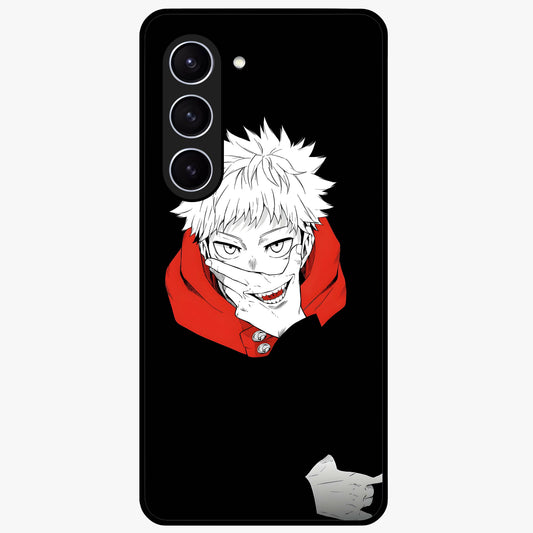 Crimson Chaos Smile Glass Case showing flat back view with bold chaotic smile artwork and glossy glass finish.