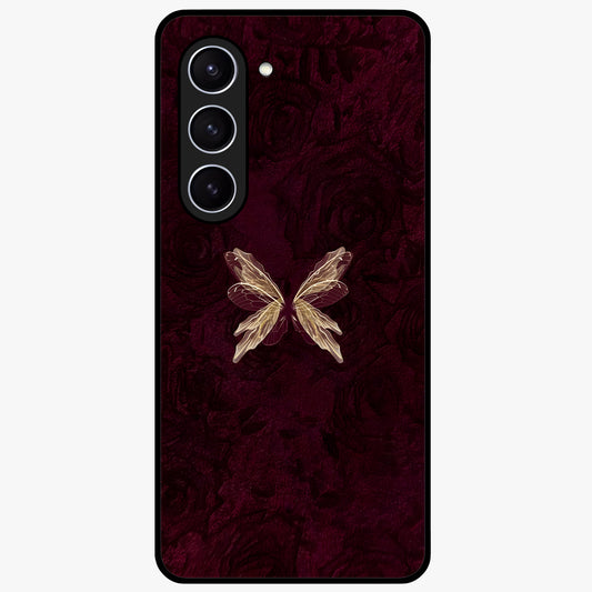 Crimson Fade Butterfly Glass Case showing flat back view with fading butterfly artwork and glossy glass finish.