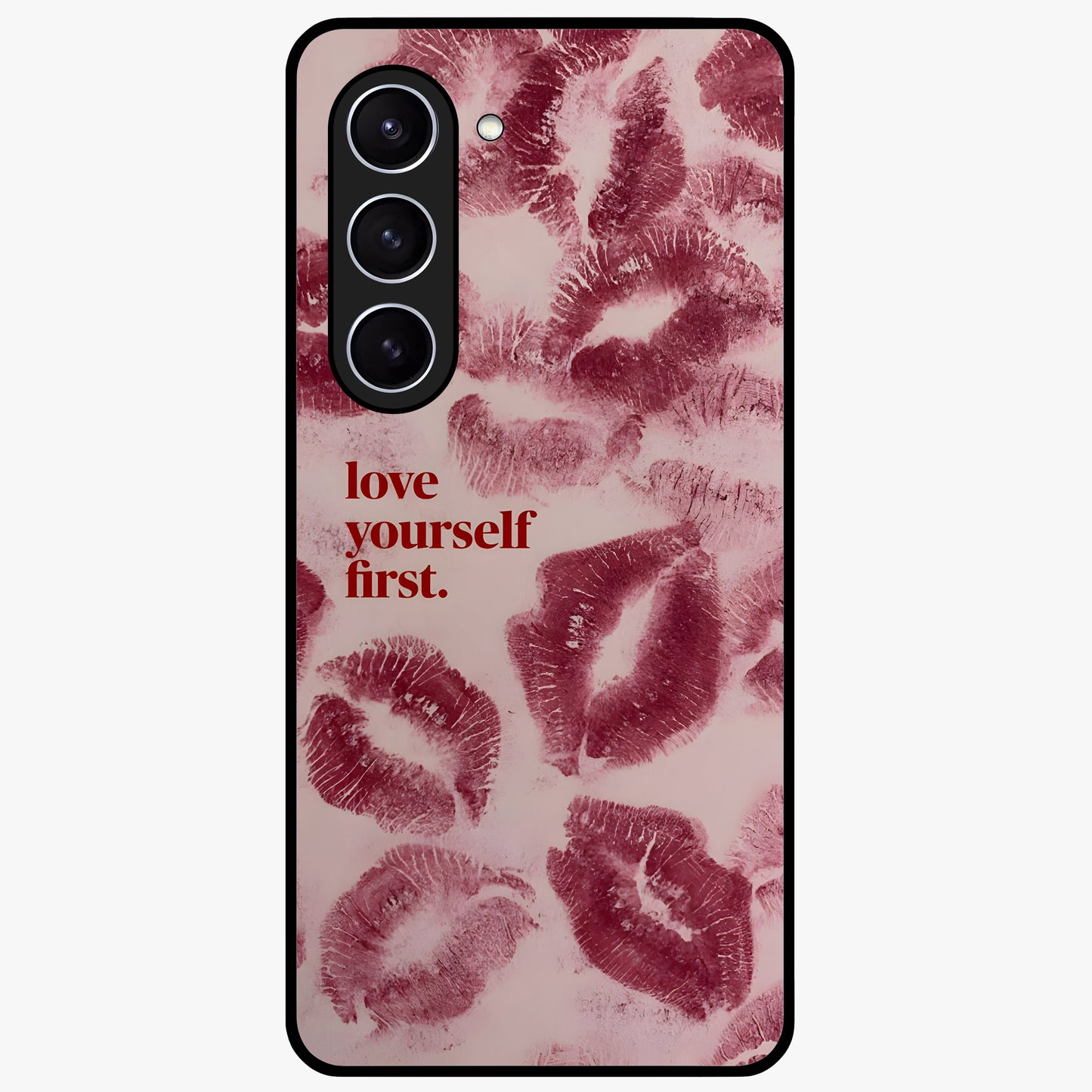 Crimson Kiss Love Glass Case showing flat back view with romantic crimson themed artwork and glossy glass finish.