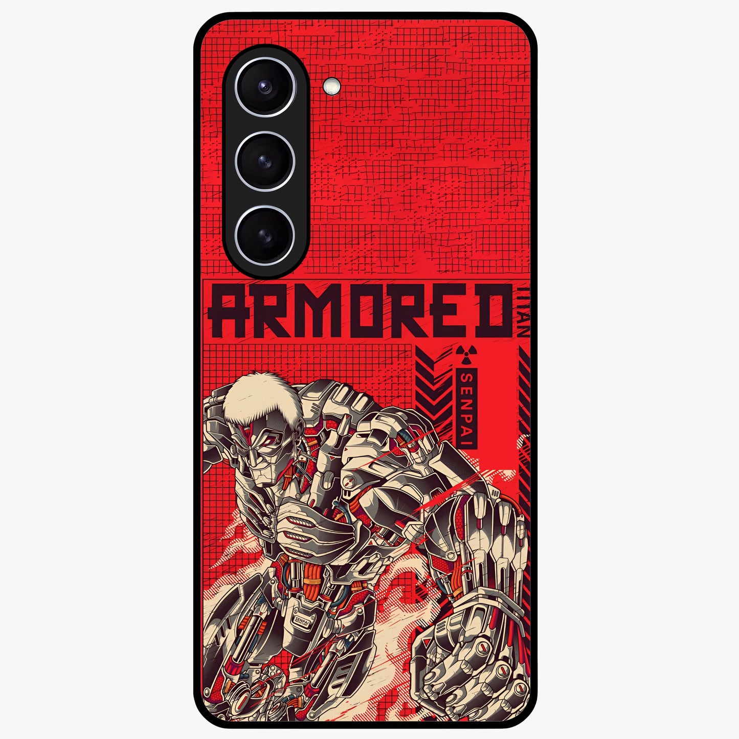 Crimson Mecha Titan Glass Case showing flat back view with powerful mech titan artwork and glossy glass finish.