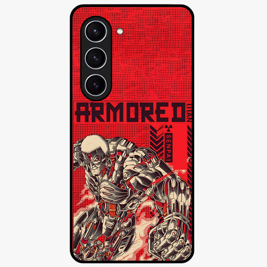 Crimson Mecha Titan Glass Case showing flat back view with powerful mech titan artwork and glossy glass finish.