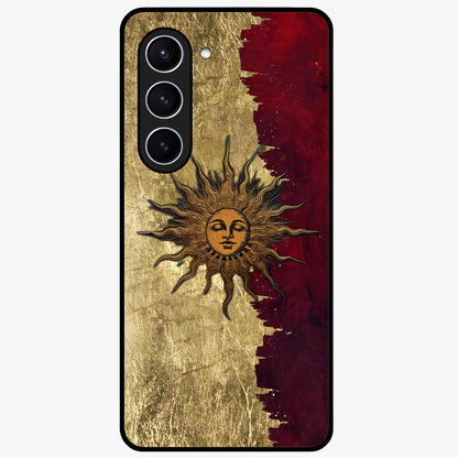 Crimson Sun Majesty Glass Case showing flat back view with radiant sun inspired artwork and glossy glass finish.