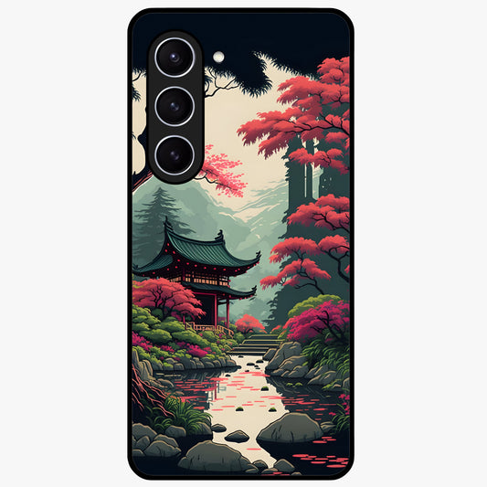 Crimson Temple View Glass Case showing flat back view with temple inspired artwork and glossy glass finish.