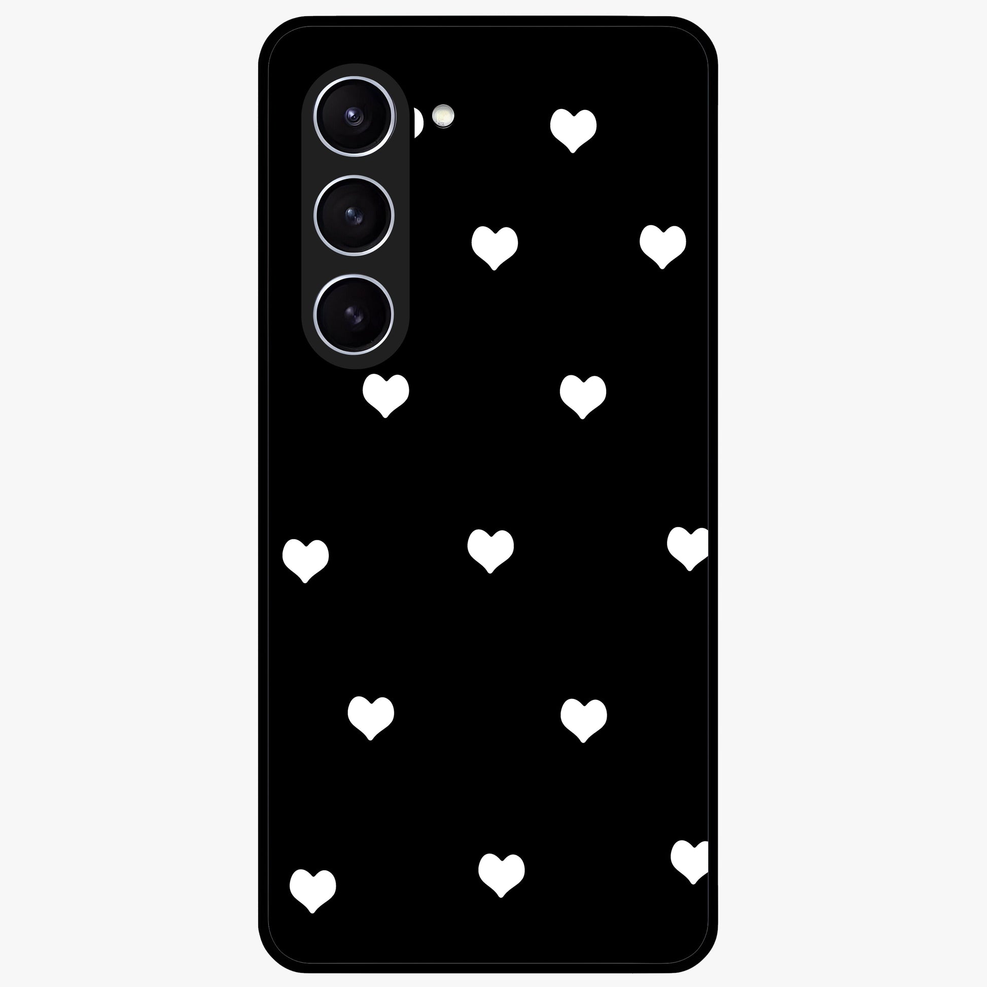 Cute And Simple White Hearts Glass Case showing flat back view with minimal white heart pattern and glossy glass finish.