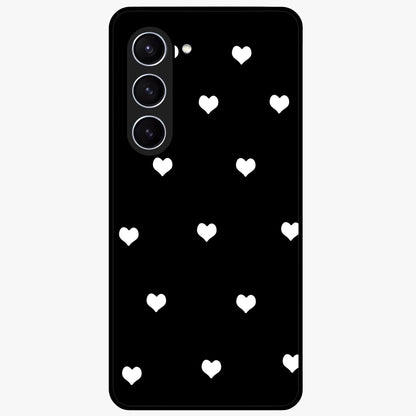 Cute And Simple White Hearts Glass Case showing flat back view with minimal white heart pattern and glossy glass finish.