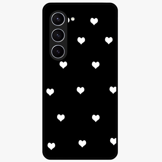 Cute And Simple White Hearts Glass Case showing flat back view with minimal white heart pattern and glossy glass finish.