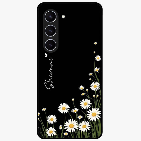 Daisy Cascade Custom Name Glass Case showing flat back view with cascading daisy flowers and personalized name design.