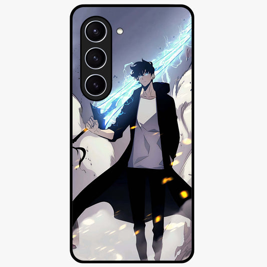 Dark Lightning Anime Warrior Glass Case showing flat back view with intense anime warrior artwork and glossy glass finish.