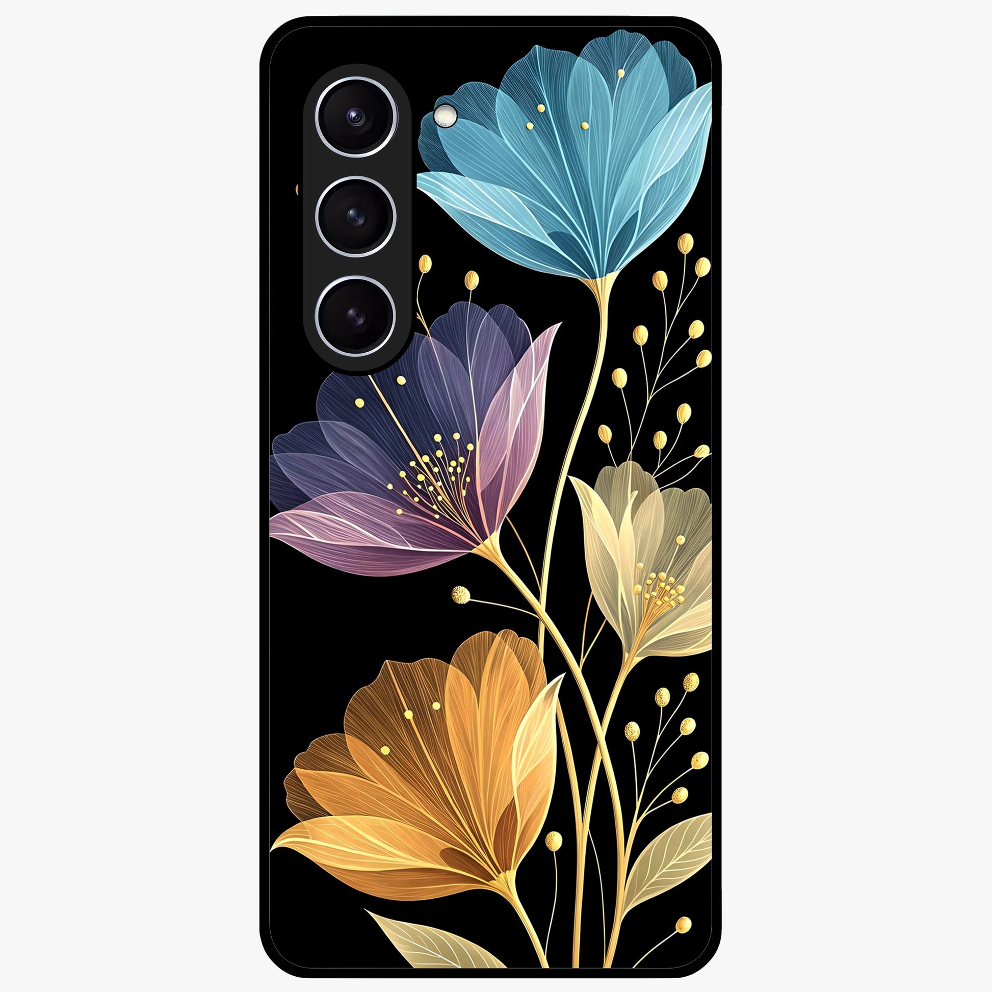 Delicate Multicolor Flowers Glass Case showing flat back view with vibrant floral artwork and glossy glass finish.