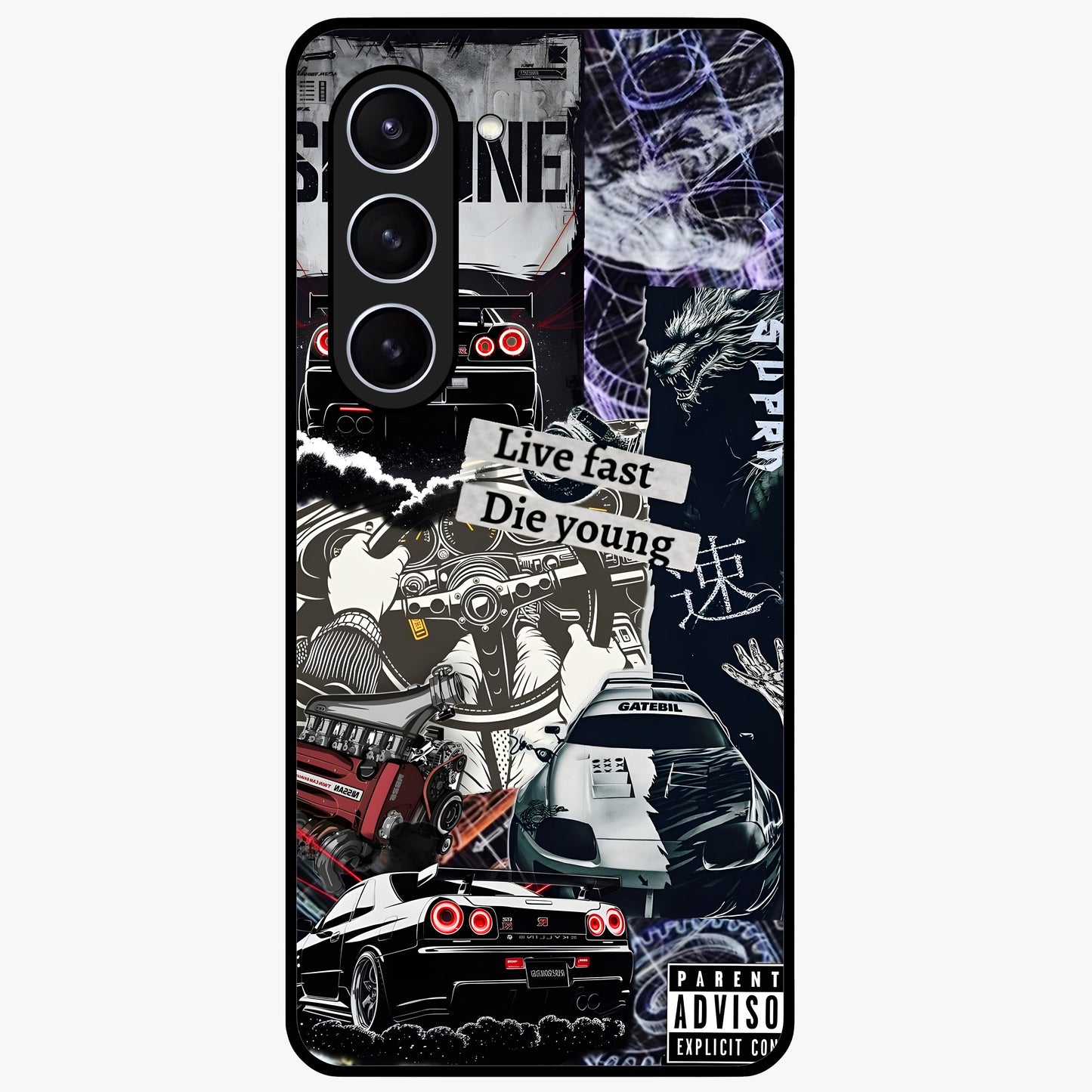 Die Young Glass Case showing flat back view with bold artistic typography design and glossy glass finish.