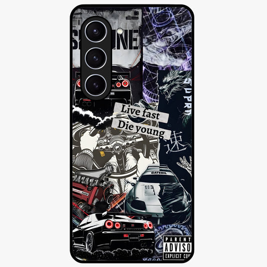 Die Young Glass Case showing flat back view with bold artistic typography design and glossy glass finish.