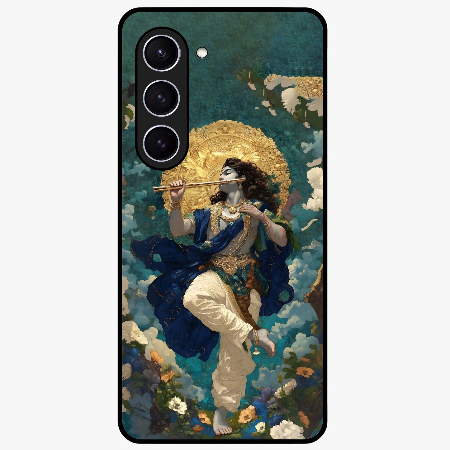 Divine Krishna Art Glass Case showing flat back view with Lord Krishna artwork and glossy glass finish.