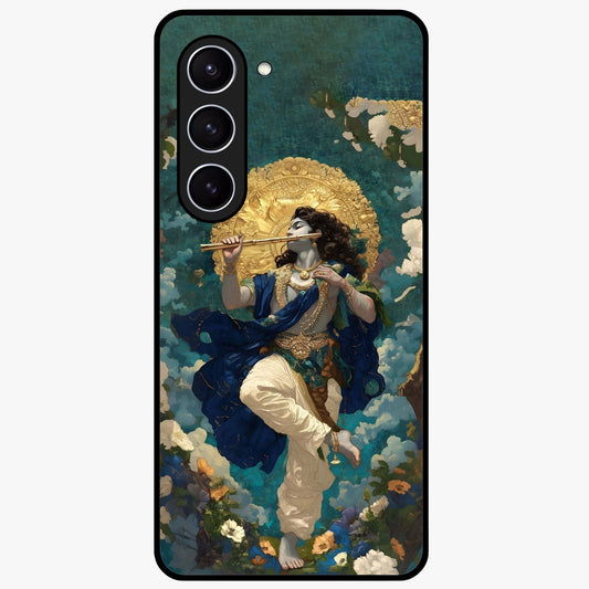 Divine Krishna Art Glass Case showing flat back view with Lord Krishna artwork and glossy glass finish.