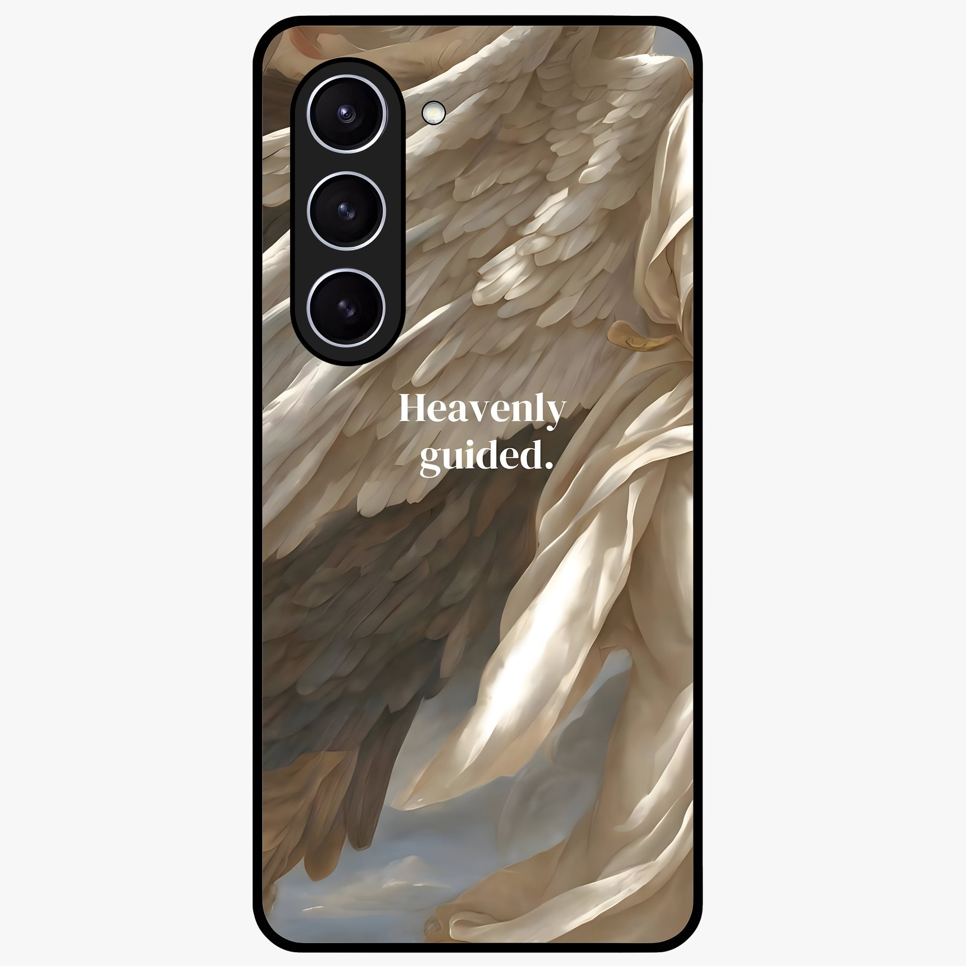 Divine Winged Grace Glass Case showing flat back view with elegant wing inspired artwork and glossy glass finish.