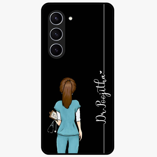 Doctor Pattern Custom Name Glass Case showing flat back view with medical themed pattern and personalized name design.