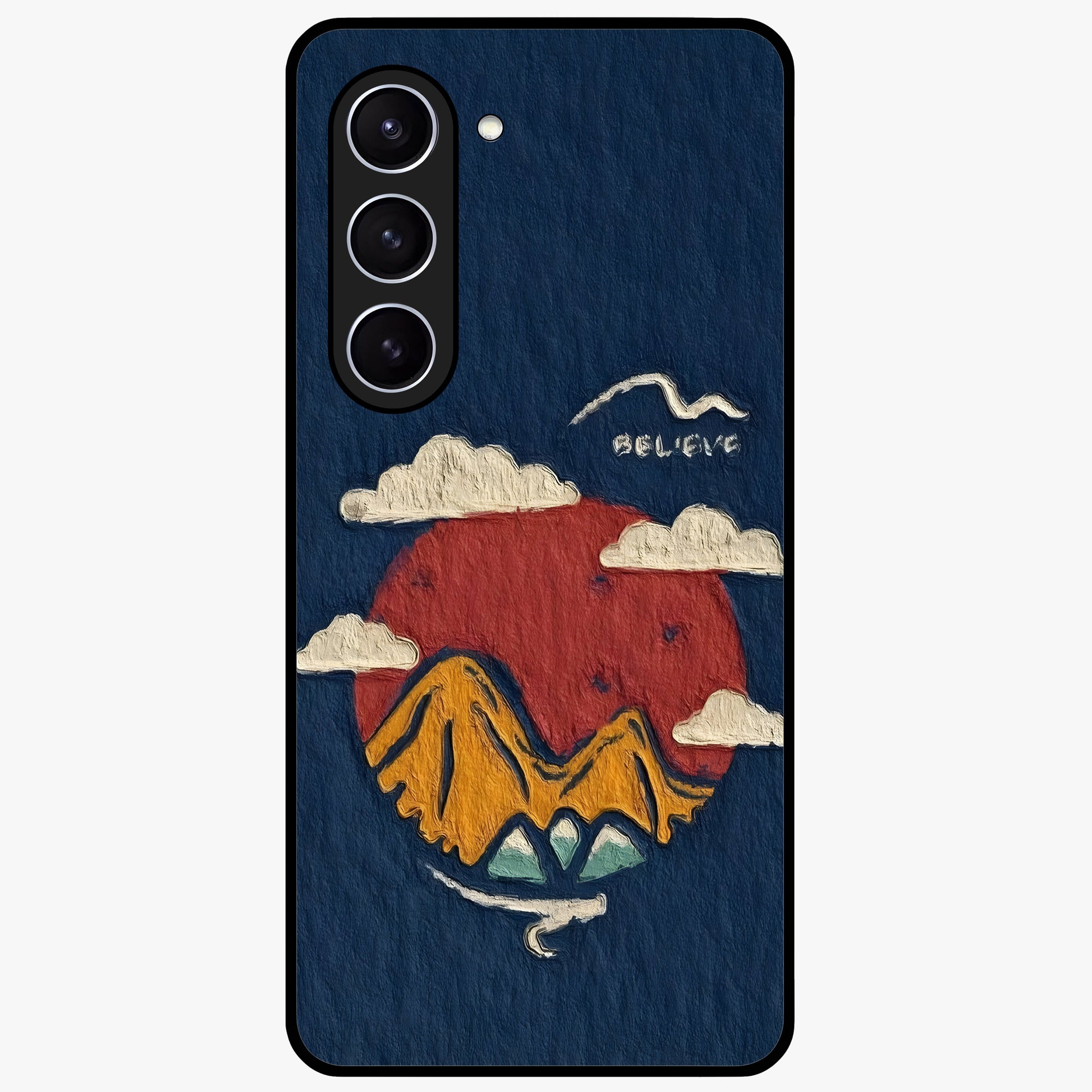 Dream Beyond Mountains Glass Case showing flat back view with scenic mountain landscape artwork and glossy glass finish.