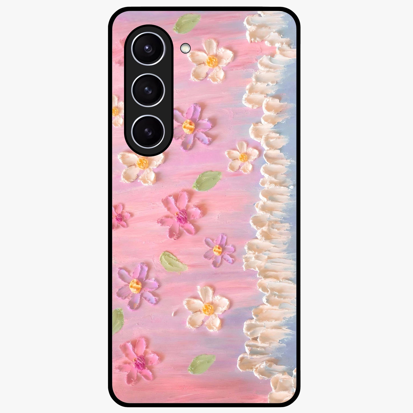 Dreamy Painted Garden Glass Case showing flat back view with artistic painted floral garden artwork and glossy glass finish.