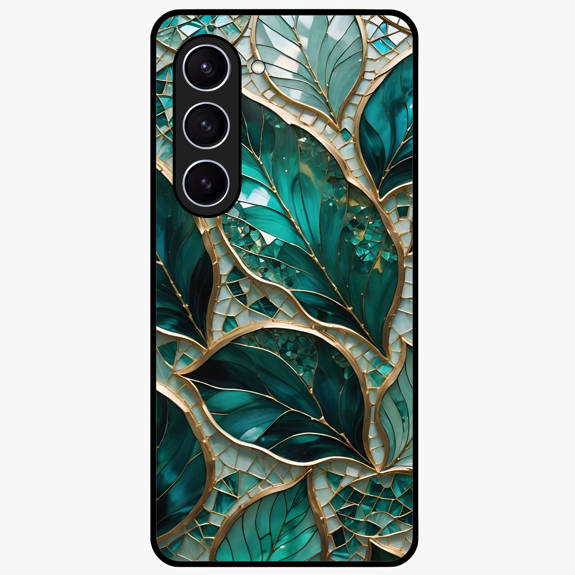 Emerald Leaf Glass Glass Case showing flat back view with emerald green leaf artwork and glossy glass finish.