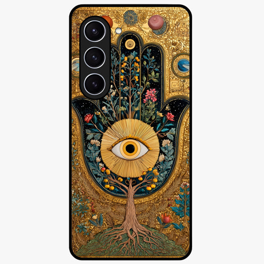 Ethereal Evil Eye Glass Case showing flat back view with mystical evil eye artwork and glossy glass finish.