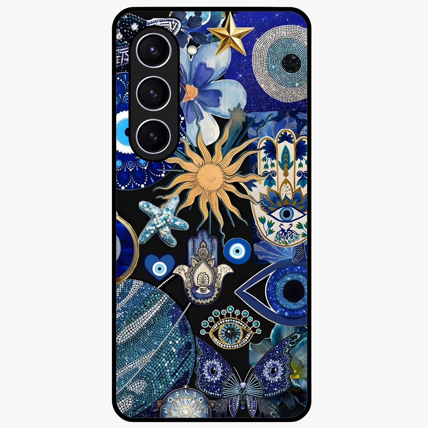 Evil Eye Charm Mix Glass Case showing flat back view with multiple evil eye charms artwork and glossy glass finish.