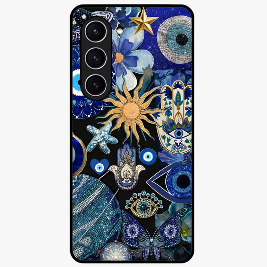Evil Eye Charm Mix Glass Case showing flat back view with multiple evil eye charms artwork and glossy glass finish.