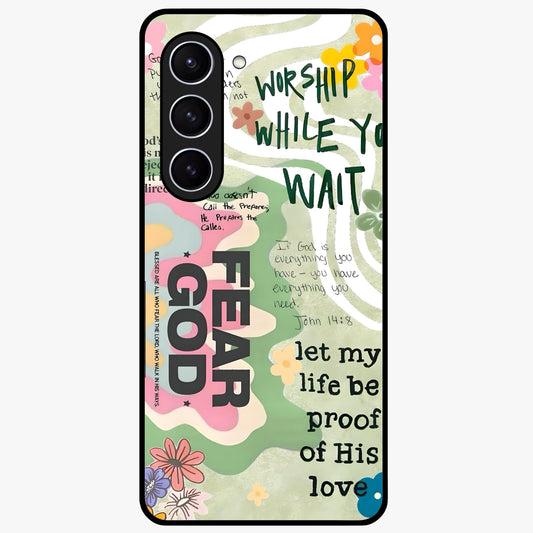 Faith Over Fear Glass Case showing flat back view with motivational typography artwork and glossy glass finish.