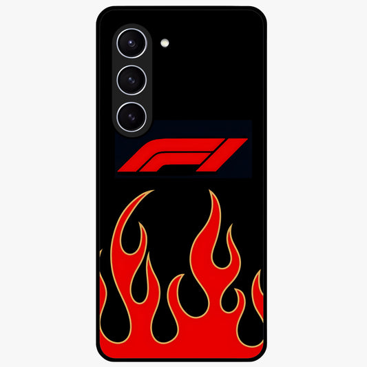 Fire F11 Glass Case showing flat back view with fiery themed artwork and glossy glass finish.
